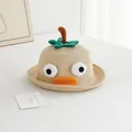 Detailed view of kids cartoon tomato straw hat with big eyes and green leaf decoration - 50-52CM / Beige