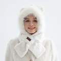 Capuche écharpe en peluche blanche avec oreilles d'ours et texture tricotée ondulée - Deux en Un (Chapeau Écharpe Intégré) / Blanc
