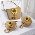 Stro schoudertas met zonnebloem applicatie en kleurrijke kwastjes voor meisjes in de zomer - Khaki - Pompoen Zonnebloem