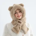 Ensemble écharpe à capuche oreilles d'ours en peluche kaki avec texture fausse fourrure - Deux en Un (Chapeau Écharpe Intégré) / Kaki