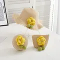 Set tre pezzi cappello di paglia e borse con fiori di camelia gialli per mare estate - Beige-Camelia Gialla-Cappello Bambini
