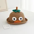 Detail of woven straw hat featuring cartoon duck eyes and green leaves for children - 50-52CM / Khaki