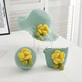 Detail of mint green straw sun hat and bags set with decorative yellow camellia flowers - Green-Yellow Camellia-Zipper Bag