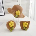 Cappello di paglia e mini borse abbinate con fiori gialli per la spiaggia in estate - Cachi-Camelia Gialla-Cappello Bambini