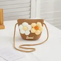 Detail of children straw crossbody bag with crochet flowers and Sweet lettering - SWEET White Yellow Flowers / Khaki