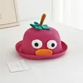 Close-up of pink woven kids straw hat featuring cartoon big eyes and orange beak detail - 50-52CM / Rose Red