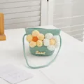 Detail of green straw woven girls bag with large 3D crochet flowers and sweet metal plate - SWEET Yellow White Flowers / Green