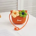 Detail of orange woven straw toddler bag with 3D crochet flowers and Sweet lettering - SWEET Yellow Green Flowers / Orange