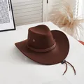 Deep brown wool western cowboy hat with woven band and adjustable windproof strap - M (58-60cm) / Dark Coffee