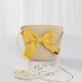 Summer girls straw crossbody bag in beige with a large yellow bow and handmade label - Single Bag / Beige