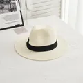 Close-up of cream straw Fedora hat featuring fine texture and black ribbon contrast - M / Black Ribbon - Off-White