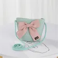Mint green straw woven crossbody bag with a large pink bow and handmade label - Single Bag / Green
