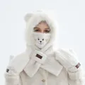 Ensemble d'hiver bonnet écharpe et gants en polaire blanc crème motif ourson - Ensemble Quatre Pièces (Chapeau Écharpe Masque Gants) / Blanc