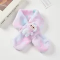 Detail showing plush tie-dye kids scarf with soft faux rabbit fur and cartoon patch - Pink Purple