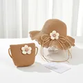 Detailed texture of straw sun hat and matching bag with white 3D floral accents - Kids Small Bag / Khaki