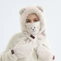 Ensemble écharpe à capuche ours et gants en peluche douce de couleur blanc crème - Ensemble Quatre Pièces (Chapeau Écharpe Masque Gants) / Abricot