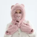 Ensemble d'hiver 3-en-1 en peluche rose avec oreilles d'ours, écharpe, masque et gants - Ensemble Quatre Pièces (Chapeau Écharpe Masque Gants) / Rose