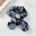 Detail of cross-style tie-dye plush scarf with cute embroidered cartoon character - Black