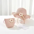 Pink woven straw sun hat and mini bag set with white fabric floral accents for kids - Kids Hat / Pink