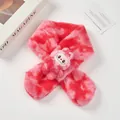 Close-up of pink tie-dye plush kids scarf with a cute cartoon doll decoration - Red