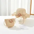 Kids summer sun protection straw hat and crossbody bag set with floral accents - Kids Hat / Beige