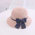 Pink straw sun hat for girls with blue ribbon bow and handmade leather label - S Kids Size / Wide Brim Single Hat / Pink