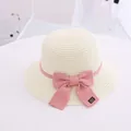 Creamy white straw sun hat for girls with a pink textured ribbon and elegant bow - S Kids Size / Wide Brim Single Hat / Cream