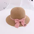 Kids woven straw sun hat with sweet pink grosgrain ribbon bow in light brown color - S Kids Size / Wide Brim Single Hat / Khaki