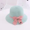 Mint green woven straw hat for girls featuring a pink ribbon bow and handmade label - S Kids Size / Wide Brim Single Hat / Green