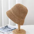 Handgefertigter khakifarbener Strohhut mit Durchbruch-Häkelmuster und leichtem Design - Einfarbig-Khaki
