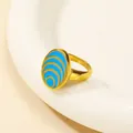 Schicker 18k vergoldeter Edelstahlring oval mit blauem Tropföl-Emaillemuster - Gold Blau Emaille