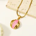 18k vergoldete Edelstahlkette mit rundem, rosa marmoriertem Emaille-Anhänger für Damen - Gold Rosa Emaille