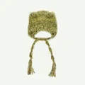 Grass green fuzzy knit beanie with earflaps, colorful specks, and long braided tassels - One Size / Mustard Green