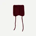 Dark red alpaca blend knitted square cat ear hat with soft ties and ribbed texture - 22x20cm / Red