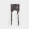 Dark gray fluffy cat ear knit hat with soft faux fur and long protective ear flaps - 15x22cm / Gray