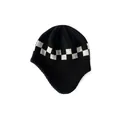 Black and white checkerboard knit earflap beanie with ribbed texture on white background - 24x21cm / Black