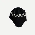 Knitted earflap beanie with black and white checkerboard pattern for winter warmth - Black
