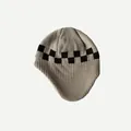 Khaki knit earflap beanie with black and white checkerboard pattern for winter - Beige