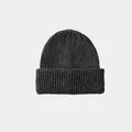 Thick charcoal grey 100% wool knit beanie with vertical ribbing and cuffed design - 22x23cm / Dark Gray