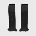 Black wool blend balletcore leg warmers with ribbed texture and ruffled lettuce trim - 43x11cm / Dark Coffee