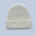 White fuzzy alpaca wool knit beanie with thick folded cuff for winter warmth - 23x26cm / White