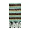 Striped alpaca wool blend scarf with fringe in mint, blue, and brown wide stripes - 220x25cm / Green & Coffee
