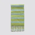Green and light blue striped wool blend scarf with decorative white tassels - 210x25cm / Grass Green