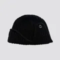 Black wool blend pilot knit beanie for women with side button and ribbed texture - 19cmx27cm / Black