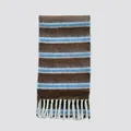Brown and light blue striped wool blend scarf with decorative off-white fringe - 210x25cm / Brown