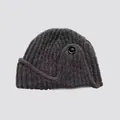 Dark grey wool blend knit aviator hat with decorative side button and folded layers - 19cmx27cm / Dark Gray