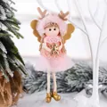 Pink Christmas angel hanging ornament with plush hat, deer antlers and golden wings - Snowflake Girl / Pink