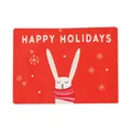 Christmas festive red linen placemat featuring white bunny and Happy Holidays print - Rabbit Style (Style B Placemat)