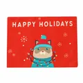Red Christmas placemat with a cartoon cat and Happy Holidays text on linen texture - Cat Style (Style D Placemat)