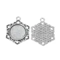 Vintage silver zinc alloy 16mm round pendant base with hollow floral engraved design - Antique Silver